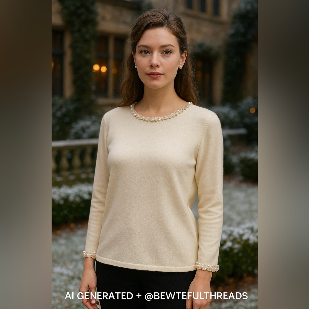 Susan Bristol Pearl-Trim Ivory Knit Top L (Stretch)